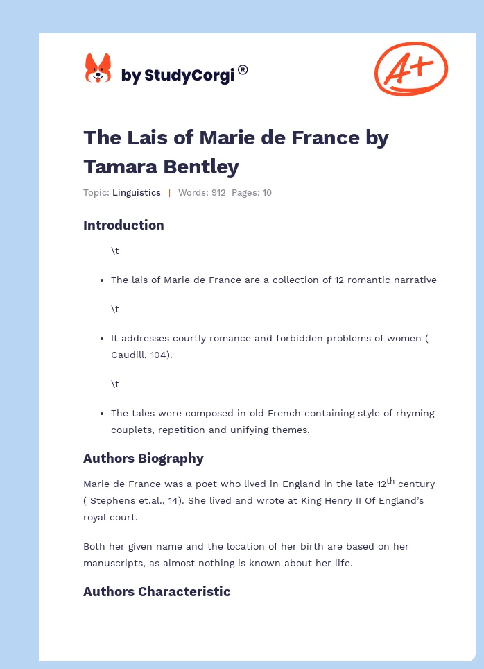 The Lais of Marie de France by Tamara Bentley. Page 1