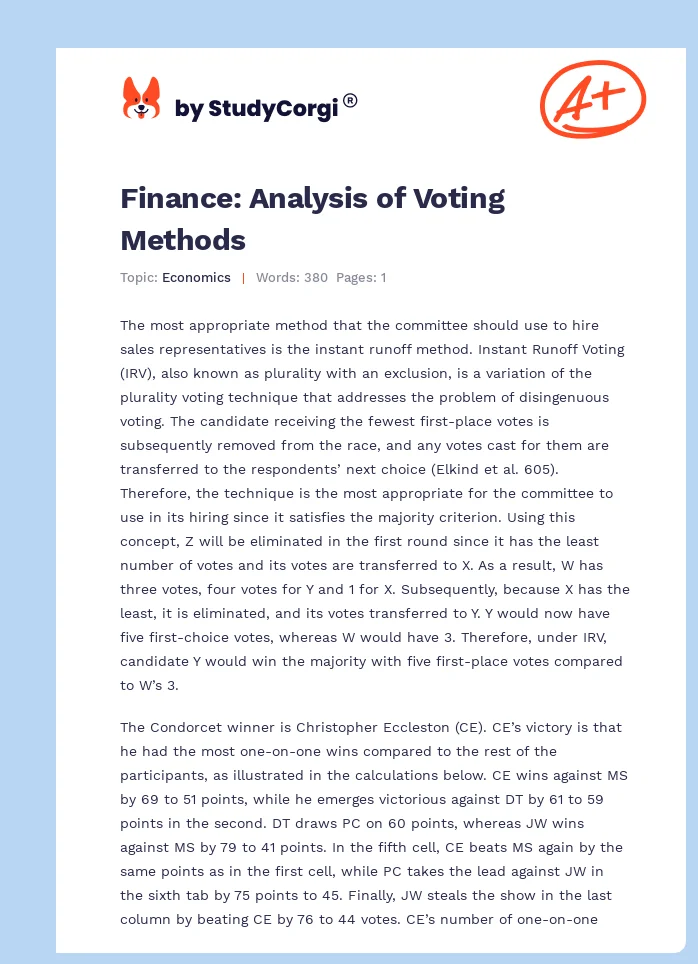 Finance: Analysis of Voting Methods. Page 1