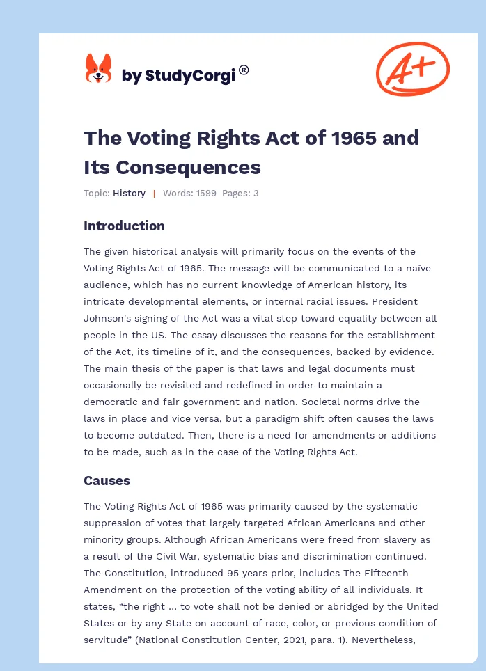 The Voting Rights Act of 1965 and Its Consequences. Page 1