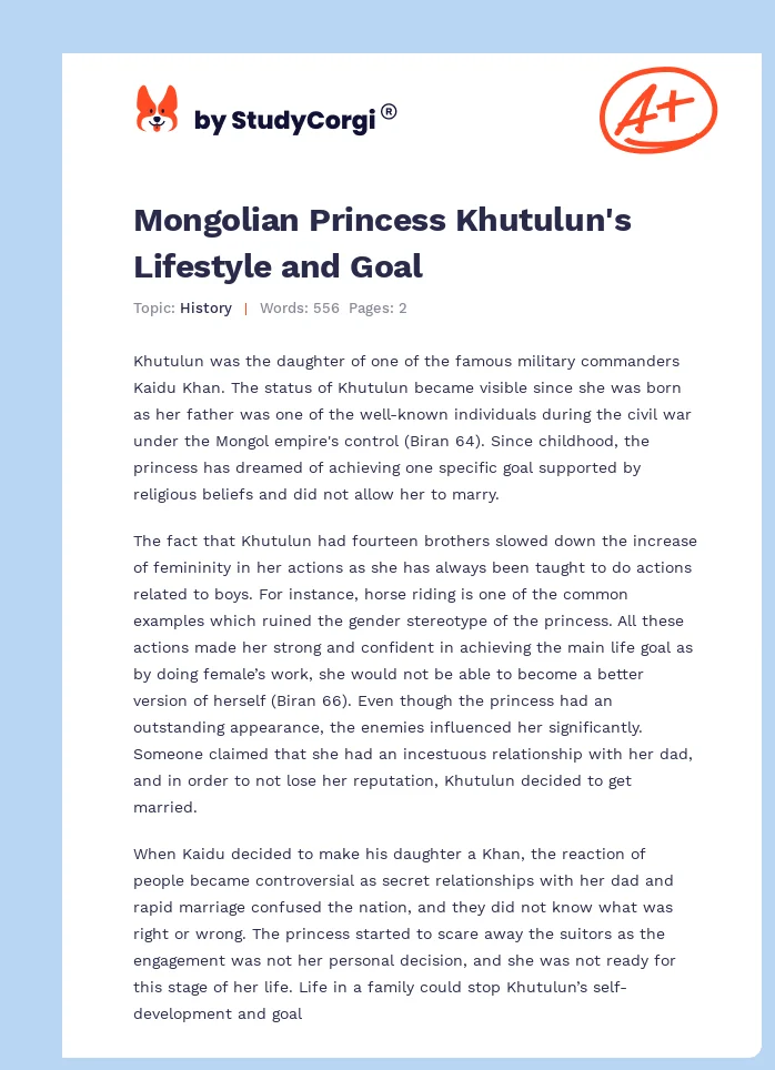 Mongolian Princess Khutulun's Lifestyle and Goal. Page 1