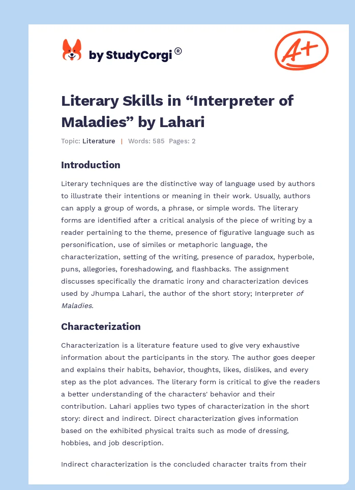 Literary Skills in “Interpreter of Maladies” by Lahari. Page 1