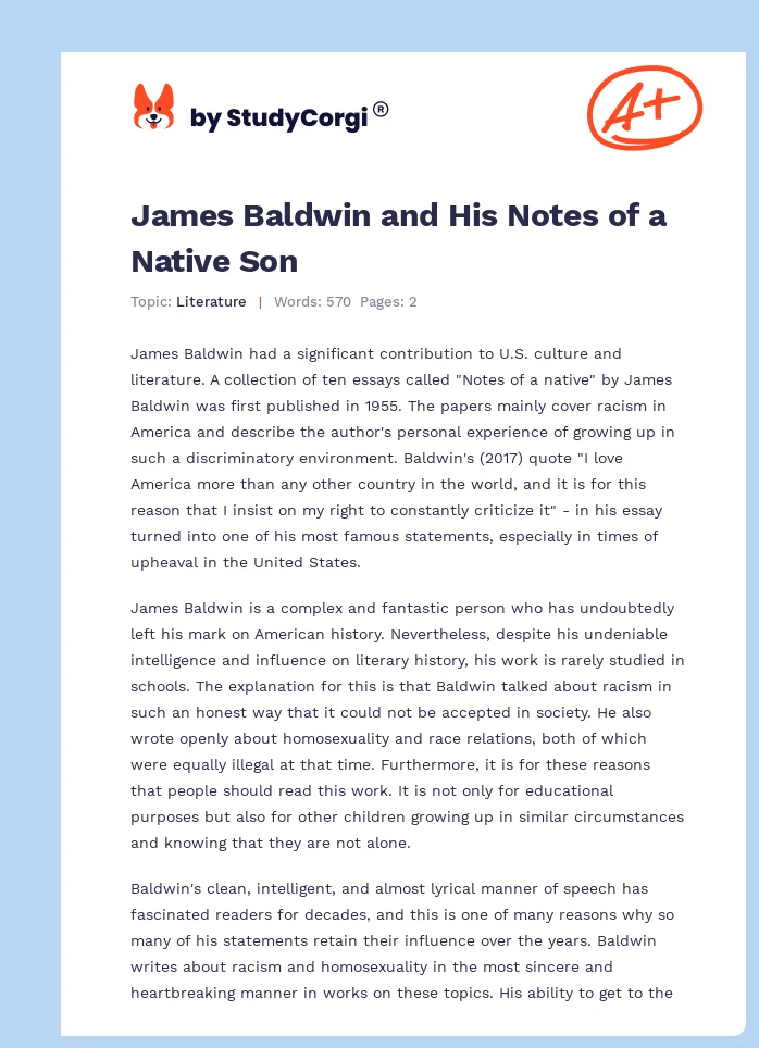 James Baldwin and His Notes of a Native Son. Page 1