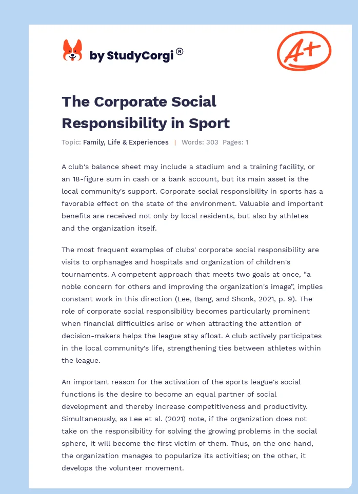 The Corporate Social Responsibility in Sport. Page 1