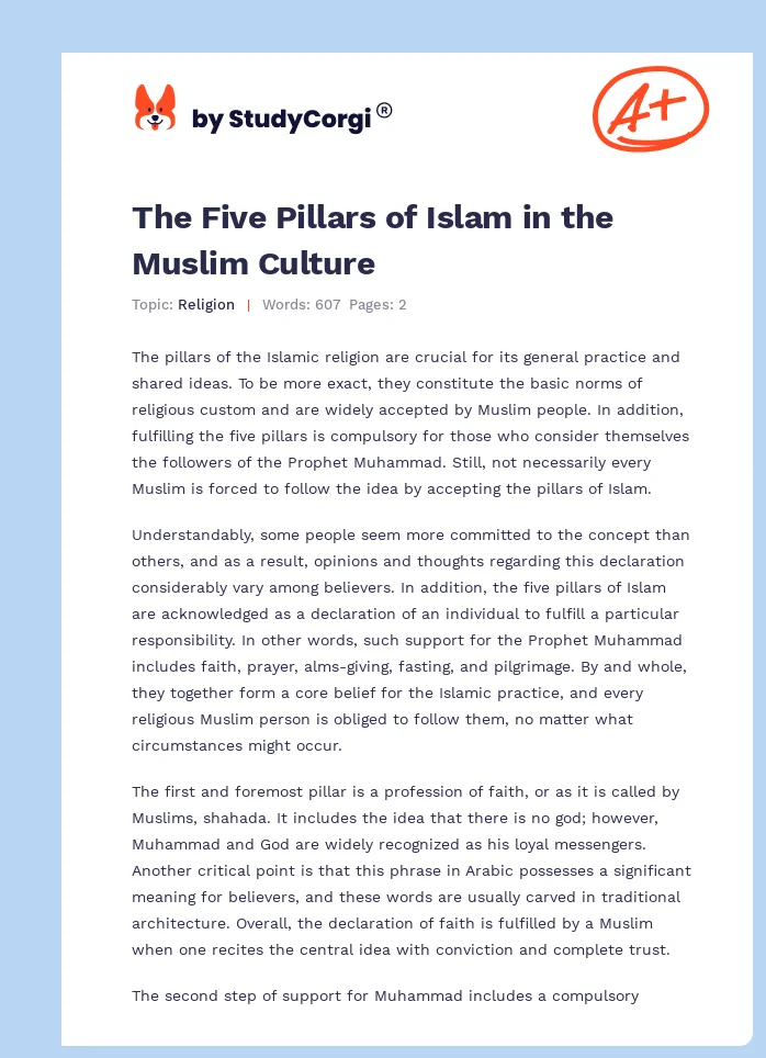 The Five Pillars of Islam in the Muslim Culture. Page 1