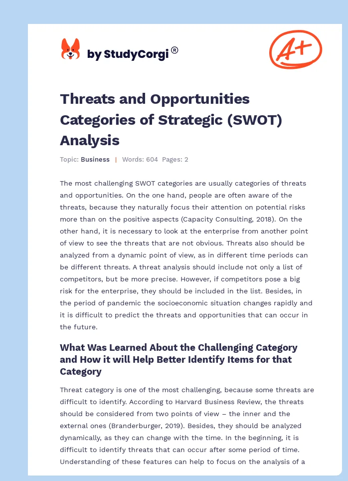 Threats and Opportunities Categories of Strategic (SWOT) Analysis. Page 1