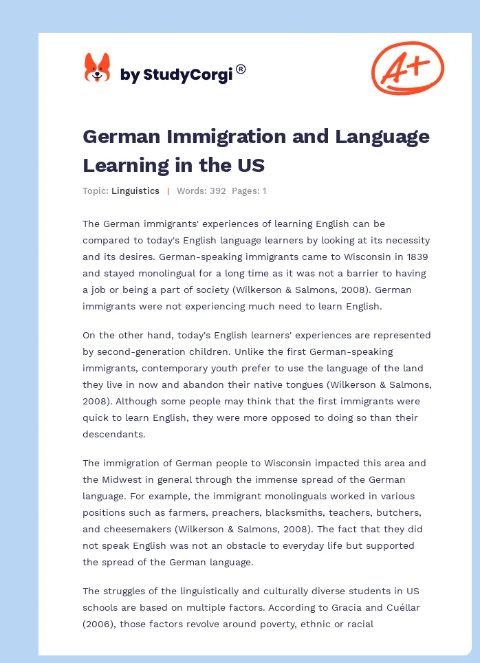 German Immigration and Language Learning in the US. Page 1