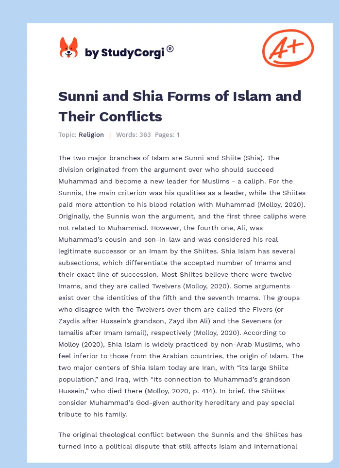 Sunni and Shia Forms of Islam and Their Conflicts. Page 1