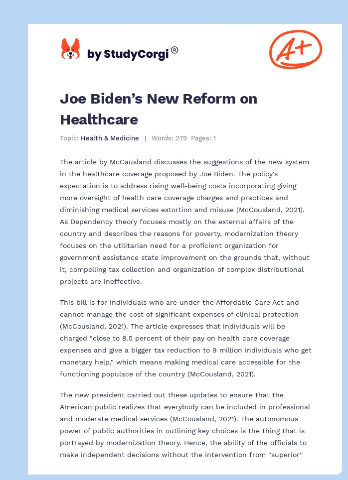 Joe Biden’s New Reform on Healthcare. Page 1