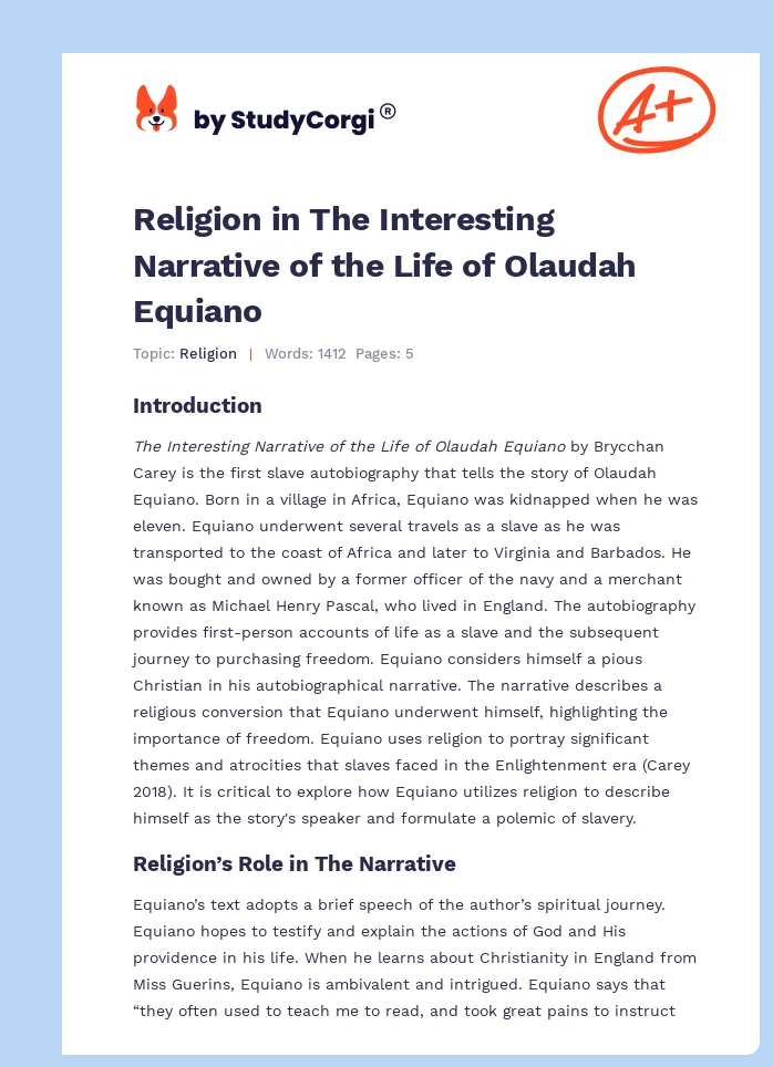 Religion in The Interesting Narrative of the Life of Olaudah Equiano. Page 1