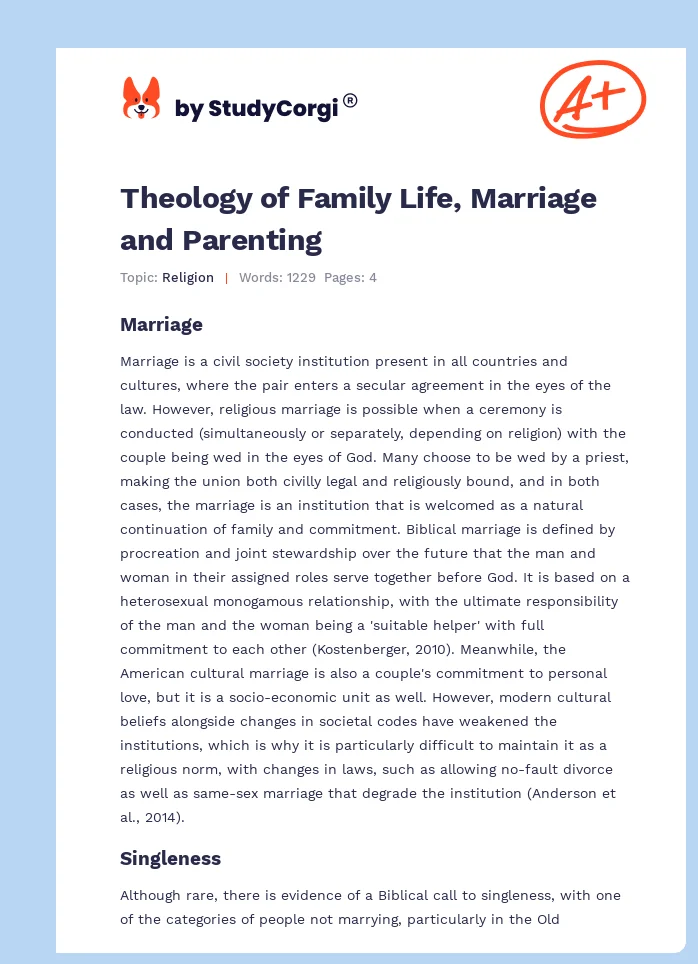 Theology of Family Life, Marriage and Parenting. Page 1