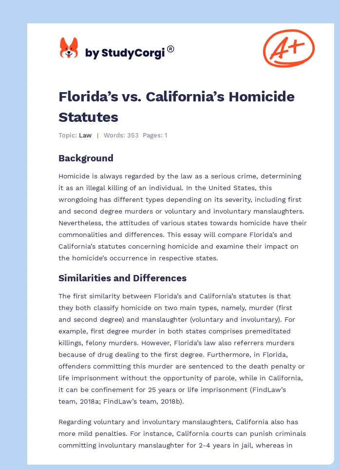 Florida’s vs. California’s Homicide Statutes. Page 1