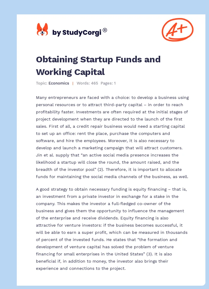 Obtaining Startup Funds and Working Capital. Page 1