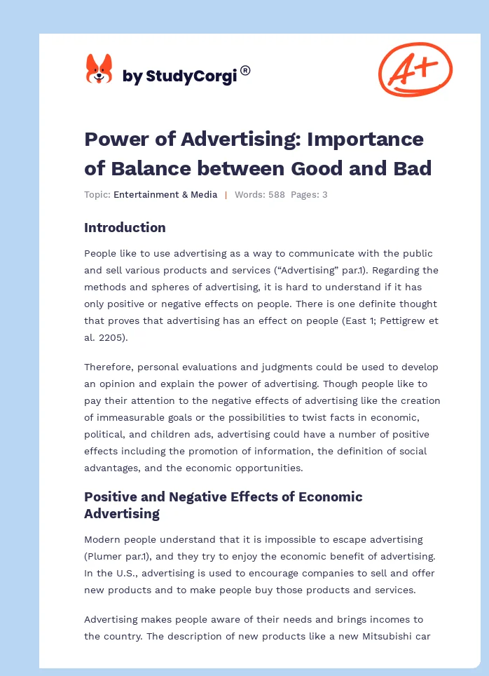 Power of Advertising: Importance of Balance between Good and Bad. Page 1