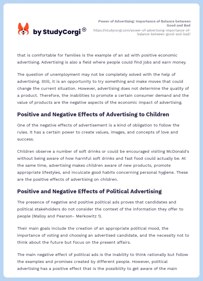 Power of Advertising: Importance of Balance between Good and Bad. Page 2