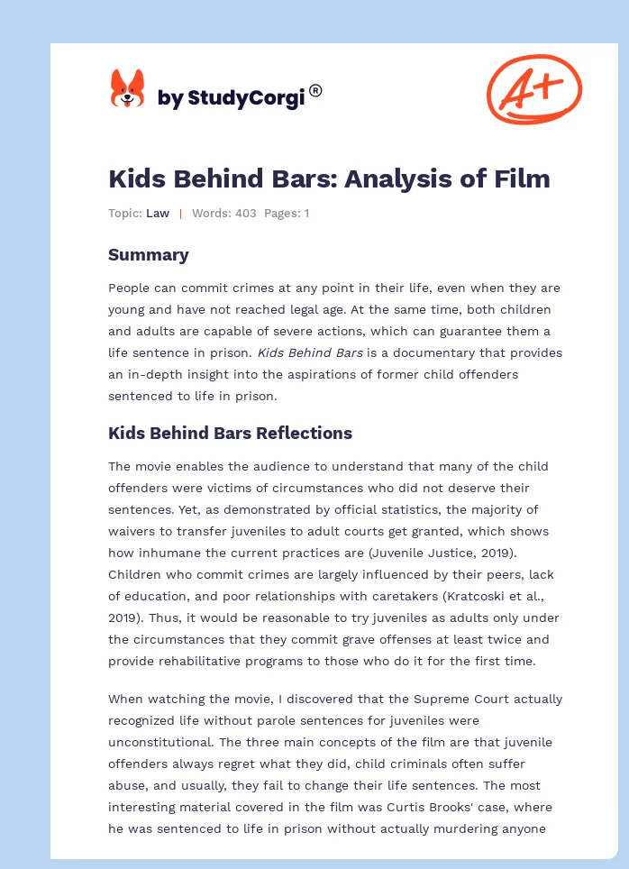Kids Behind Bars: Analysis of Film. Page 1