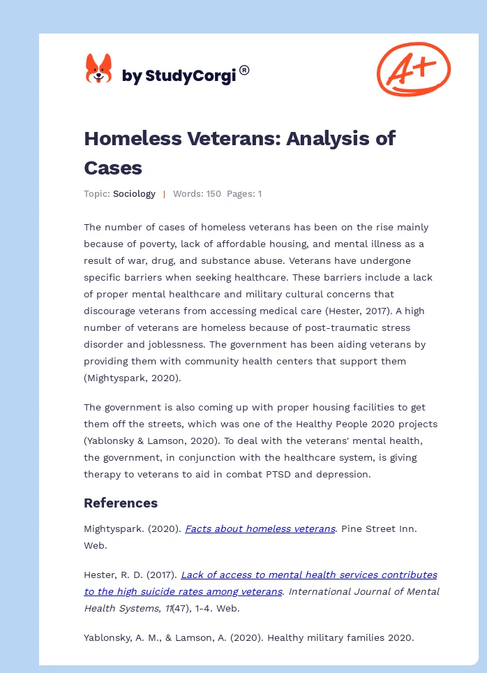 Homeless Veterans: Analysis of Cases. Page 1