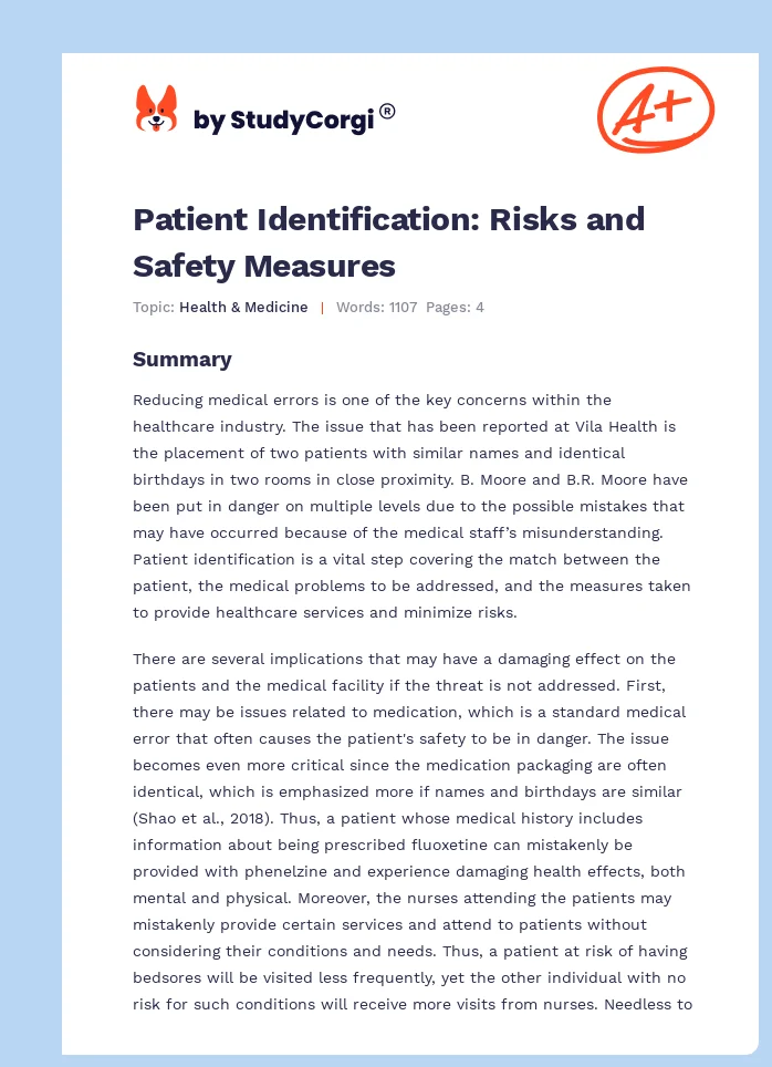 Patient Identification: Risks and Safety Measures. Page 1
