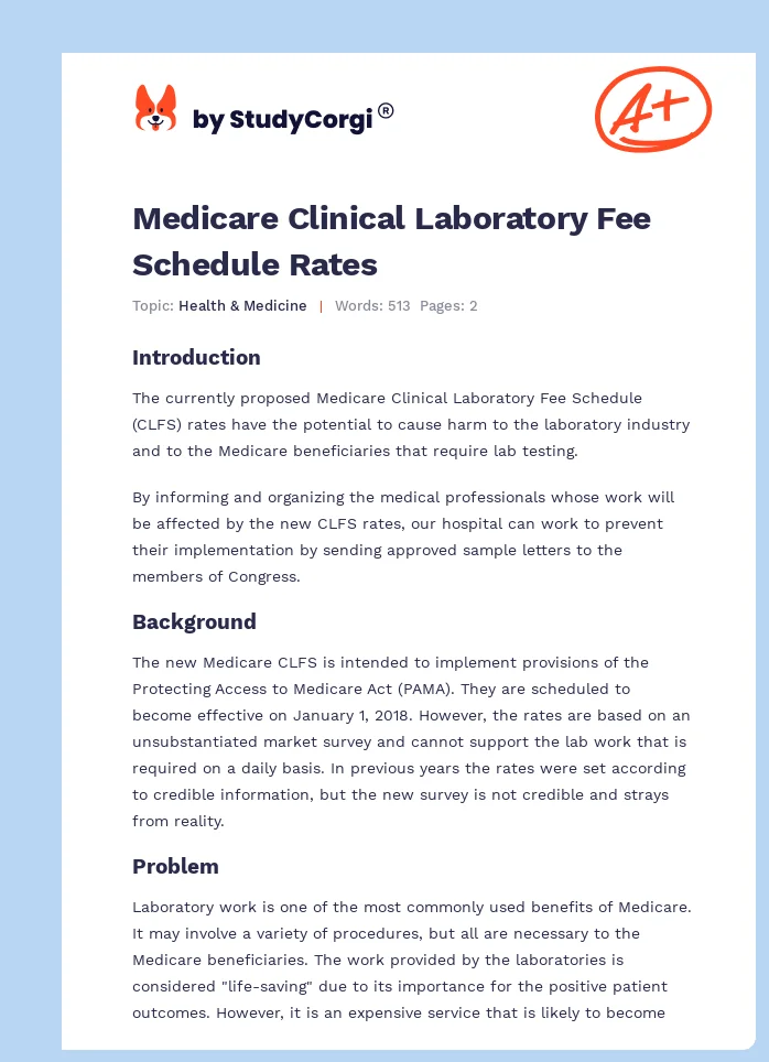 Medicare Clinical Laboratory Fee Schedule Rates Free Essay Example