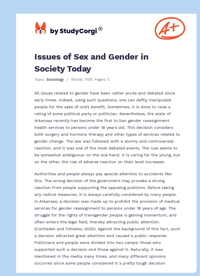 Issues of Sex and Gender in Society Today. Page 1
