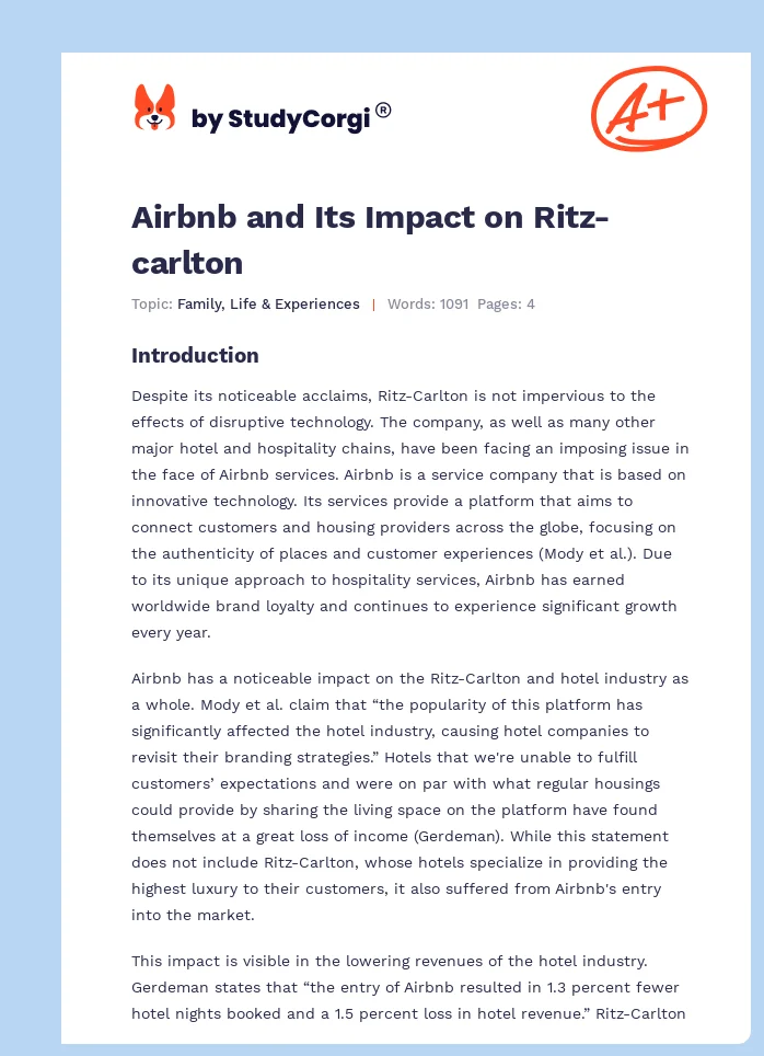 Airbnb and Its Impact on Ritz-carlton. Page 1