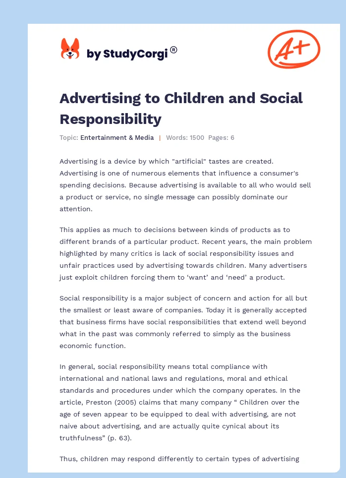 Advertising to Children and Social Responsibility. Page 1