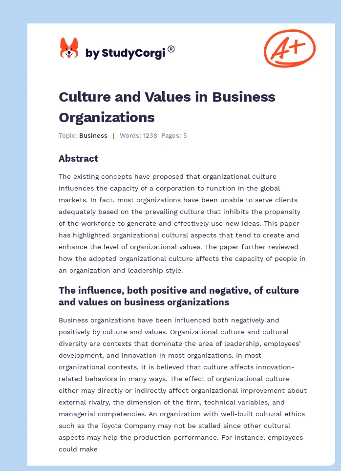 Culture and Values in Business Organizations. Page 1