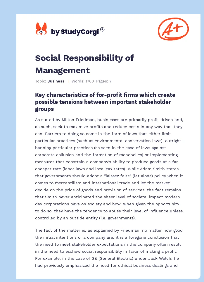 Social Responsibility of Management. Page 1
