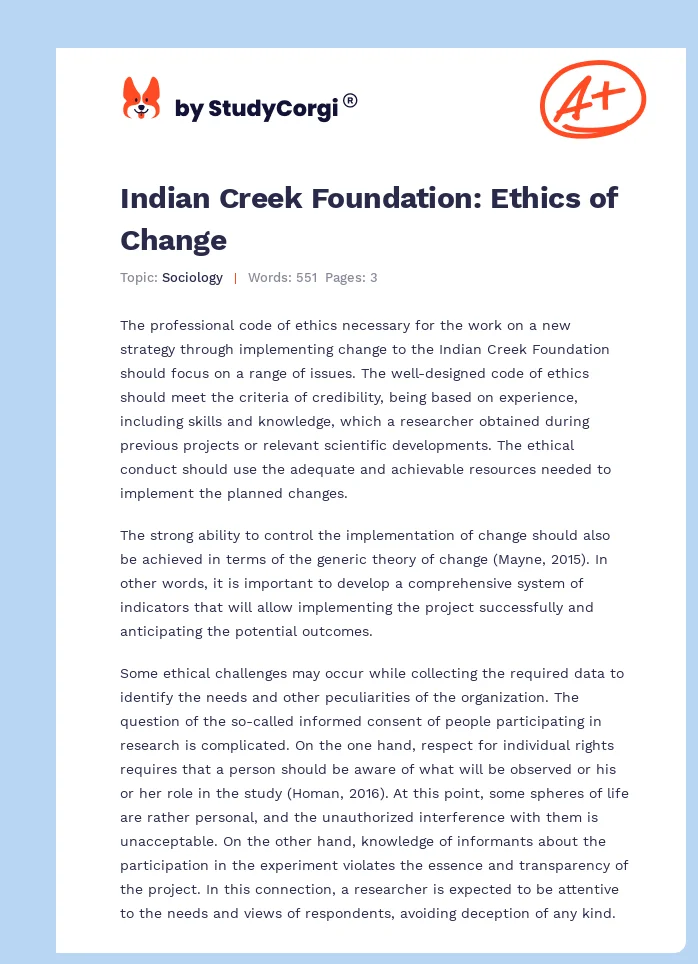 Indian Creek Foundation: Ethics of Change. Page 1