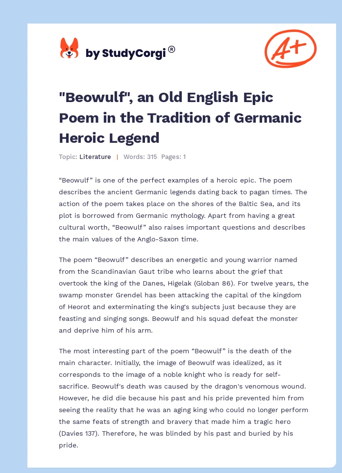 "Beowulf", an Old English Epic Poem in the Tradition of Germanic Heroic Legend. Page 1