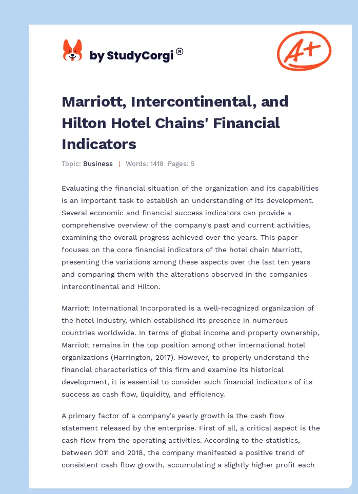 Marriott, Intercontinental, and Hilton Hotel Chains' Financial Indicators. Page 1