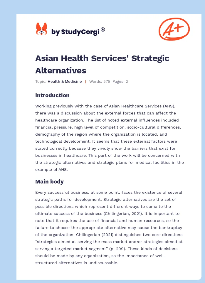 Asian Health Services' Strategic Alternatives. Page 1