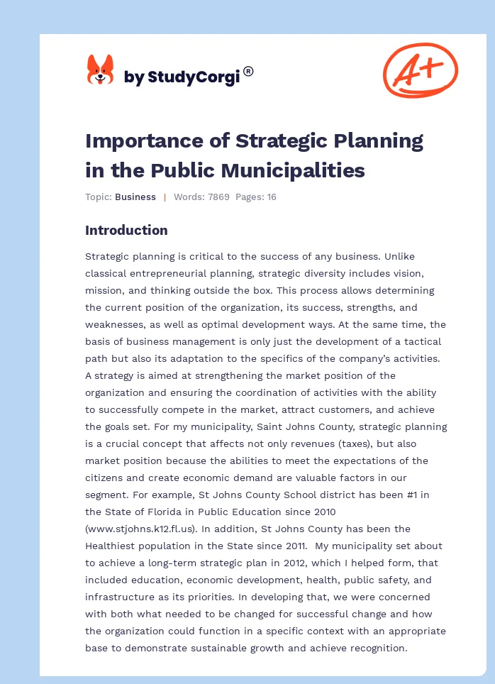 Importance of Strategic Planning in the Public Municipalities. Page 1