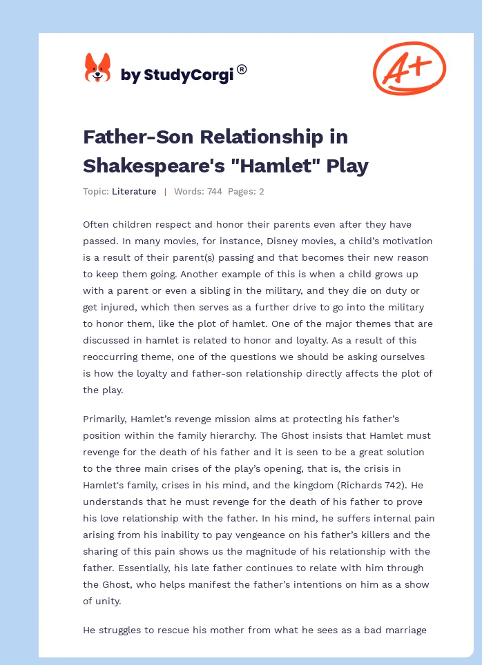 Father-Son Relationship in Shakespeare's "Hamlet" Play. Page 1
