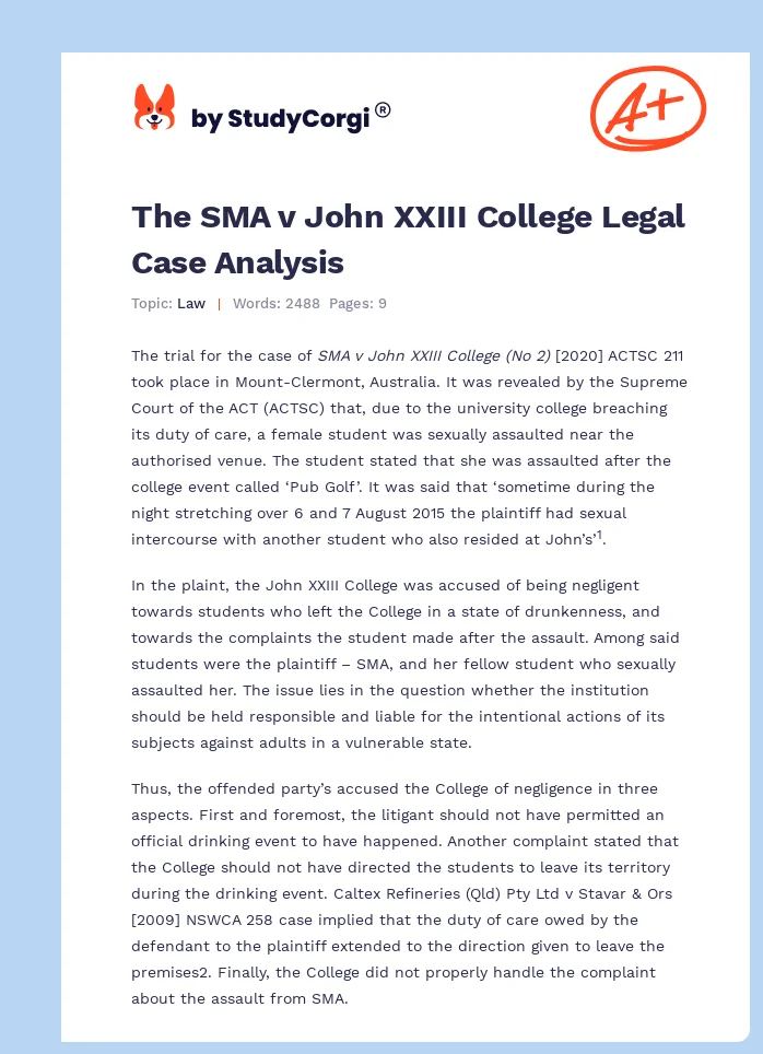 The SMA v John XXIII College Legal Case Analysis. Page 1