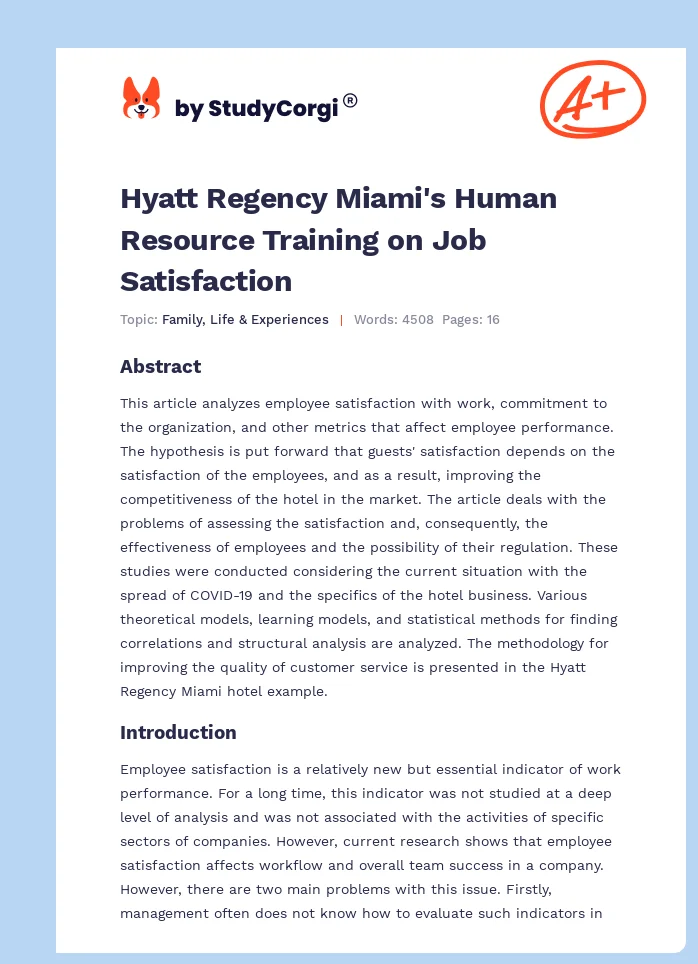 Hyatt Regency Miami's Human Resource Training on Job Satisfaction. Page 1