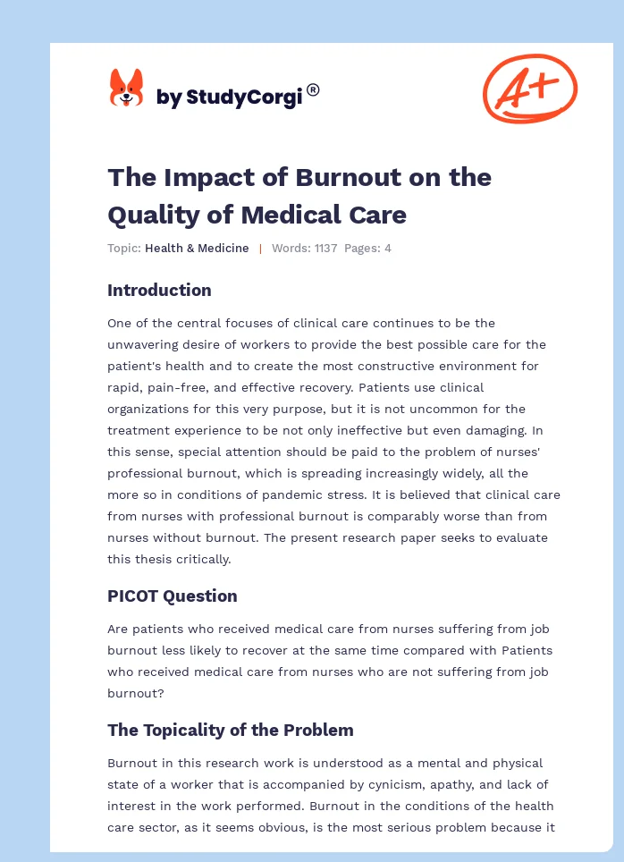 The Impact of Burnout on the Quality of Medical Care. Page 1