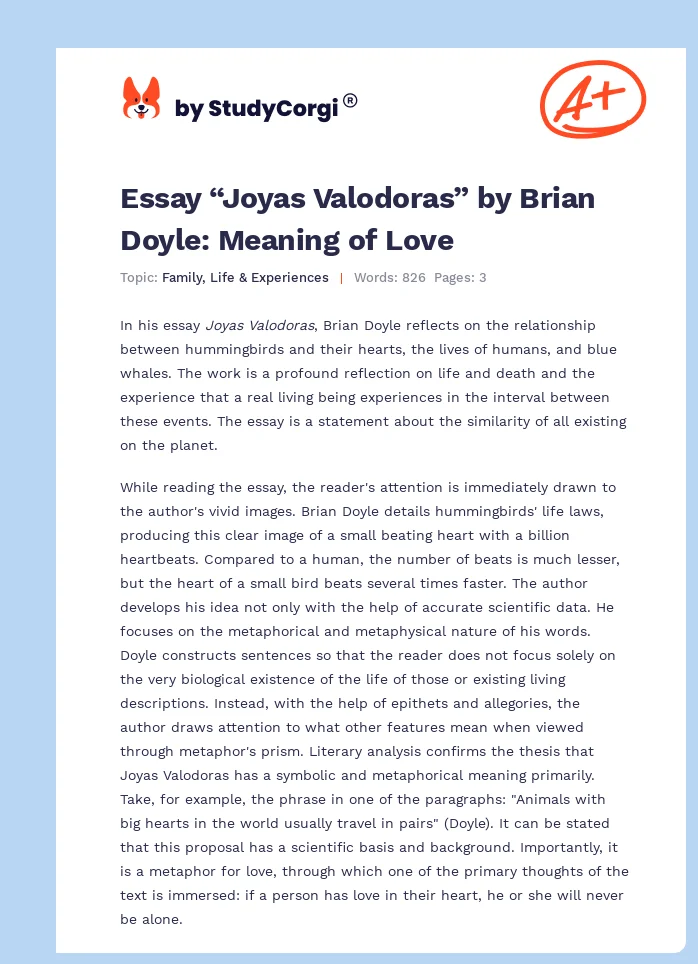 Essay “Joyas Valodoras” by Brian Doyle: Meaning of Love. Page 1