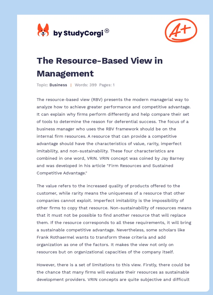 The Resource-Based View in Management. Page 1