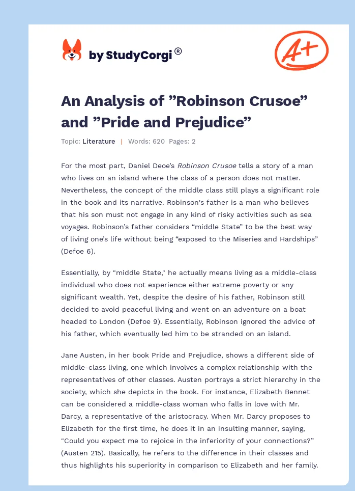 An Analysis of ”Robinson Crusoe” and ”Pride and Prejudice”. Page 1