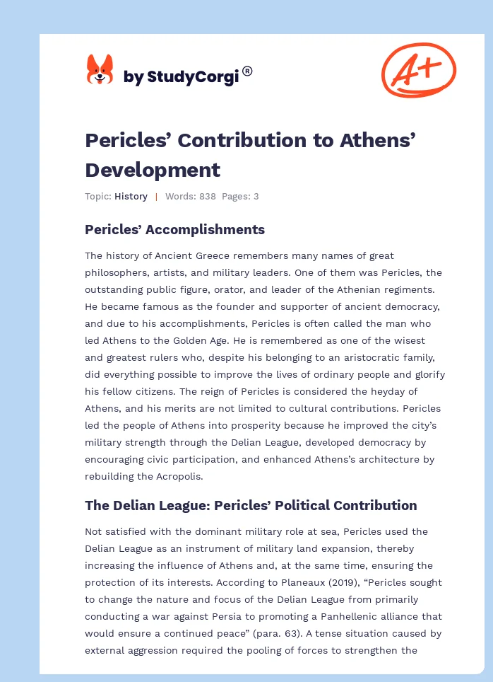 Pericles’ Contribution to Athens’ Development. Page 1