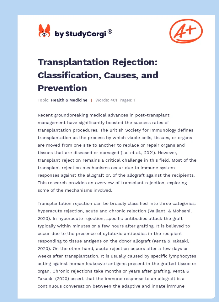 Transplantation Rejection: Classification, Causes, and Prevention. Page 1