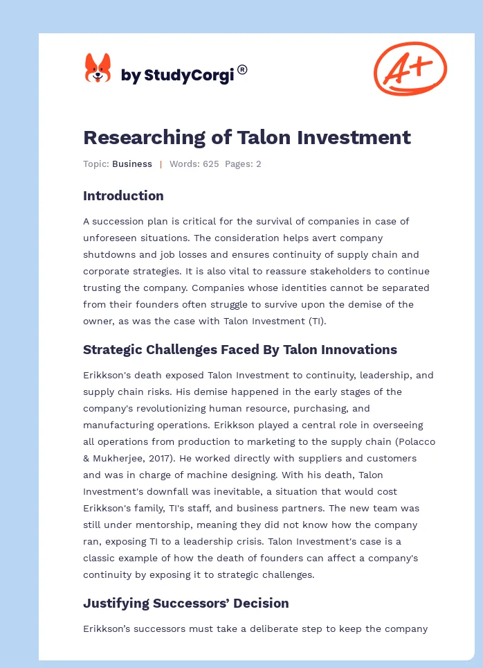 Researching of Talon Investment. Page 1