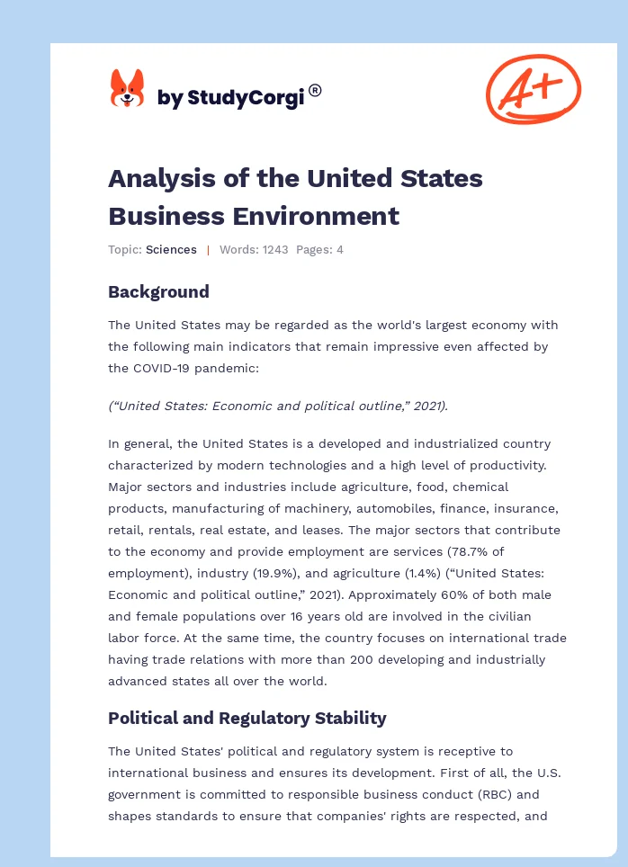 Analysis of the United States Business Environment. Page 1