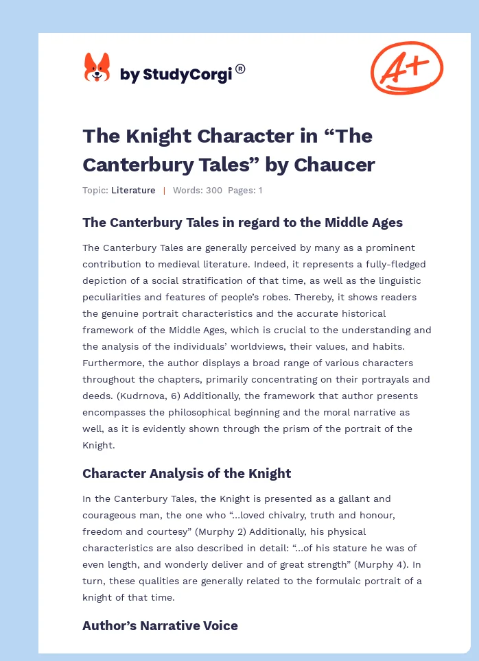 The Knight Character in “The Canterbury Tales” by Chaucer. Page 1