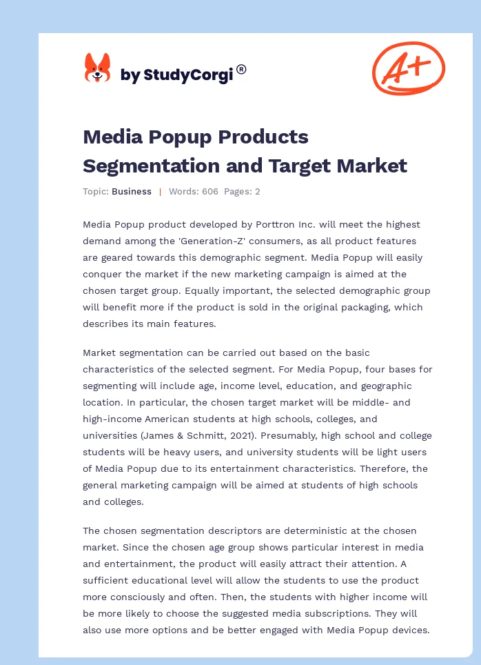Media Popup Products Segmentation and Target Market. Page 1