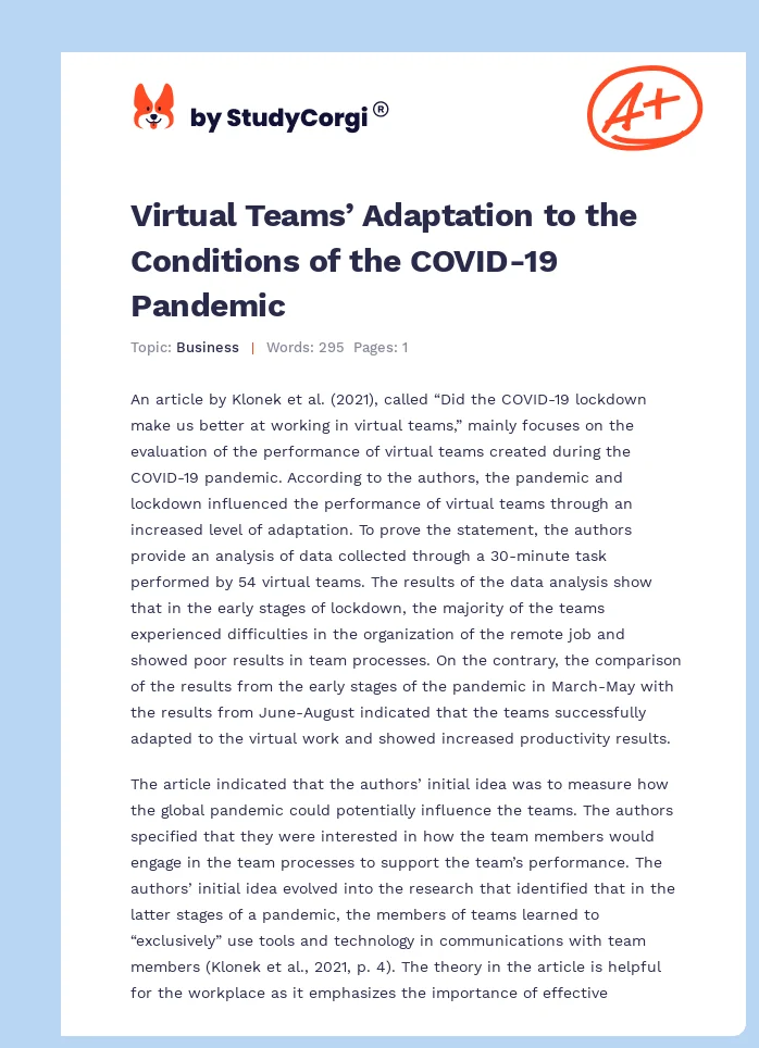 Virtual Teams’ Adaptation to the Conditions of the COVID-19 Pandemic. Page 1