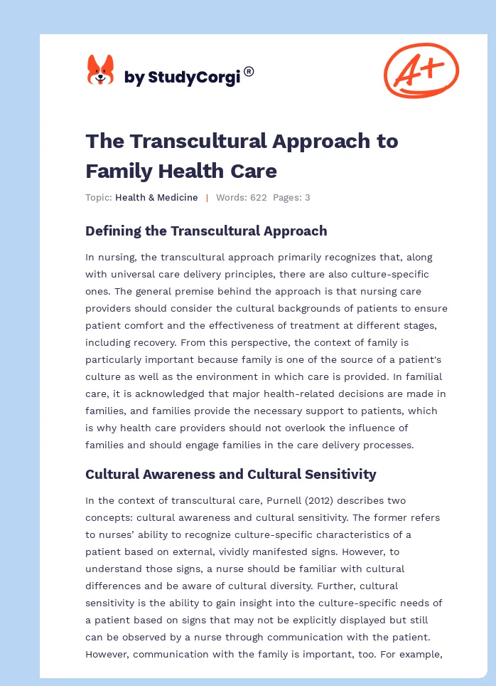 The Transcultural Approach to Family Health Care. Page 1
