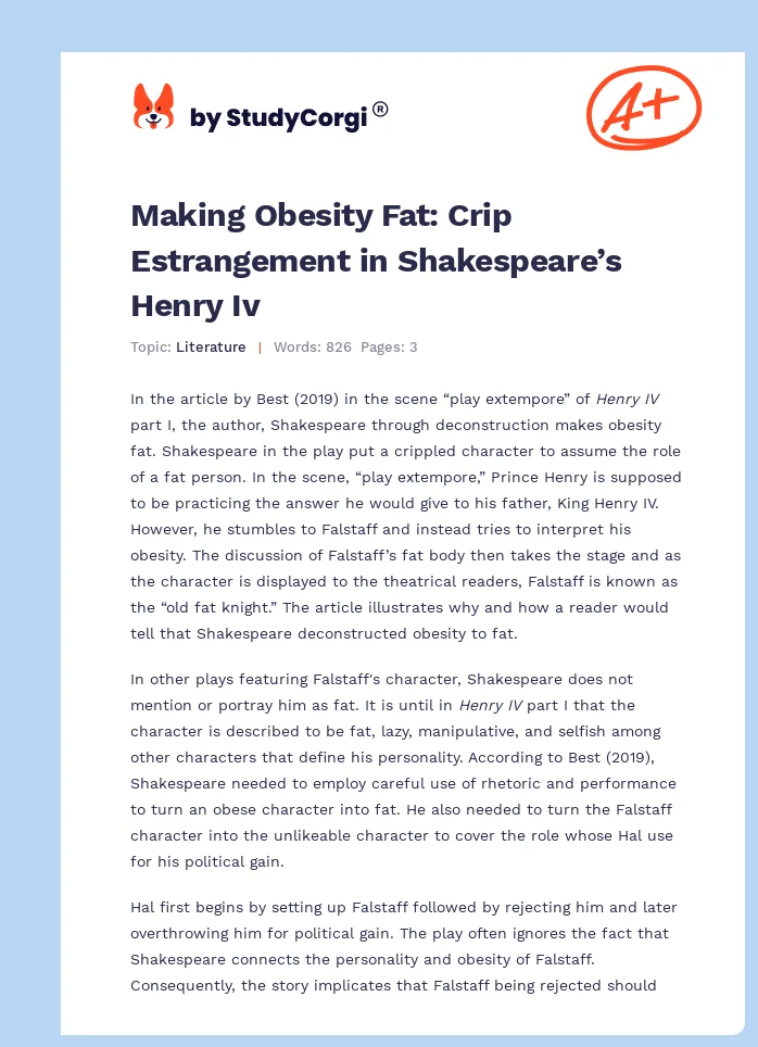 Making Obesity Fat: Crip Estrangement in Shakespeare’s Henry Iv. Page 1