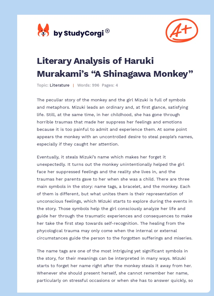 Literary Analysis of Haruki Murakami’s “A Shinagawa Monkey”. Page 1