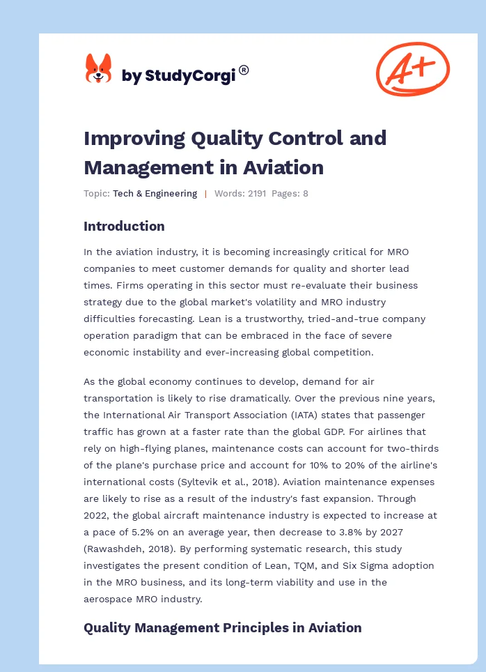 Improving Quality Control and Management in Aviation. Page 1